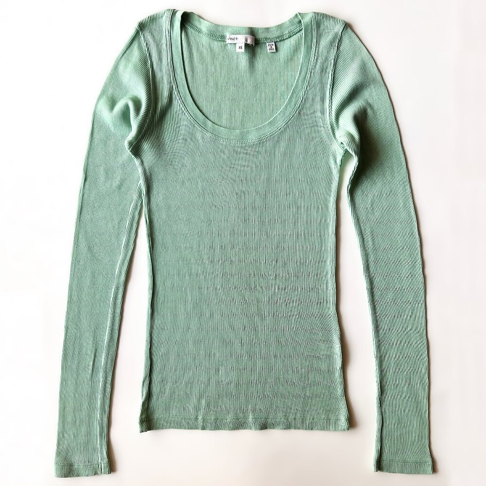VINCE Green Long Sleeve Top 100% Cotton Rib Knit, size X-Small